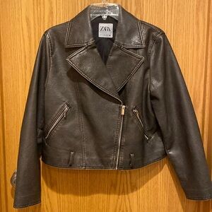 Faux leather cropped biker jacket